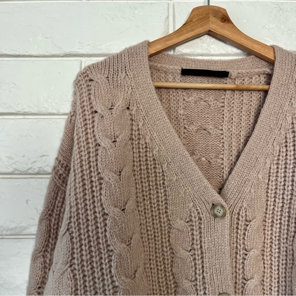 Jenni Kayne Cable Knit Cocoon Cardigan Alpaca Wool Cashmere Tan Oversized XXS - Picture 4 of 8